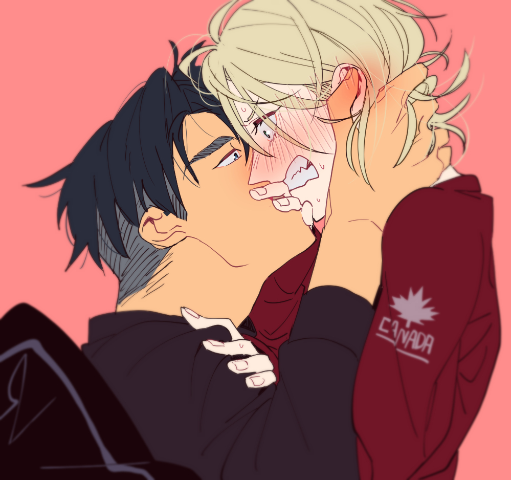 2boys, black_hair, blonde_hair, blue_eyes, blush, clenched_teeth, con_potata, covering_mouth