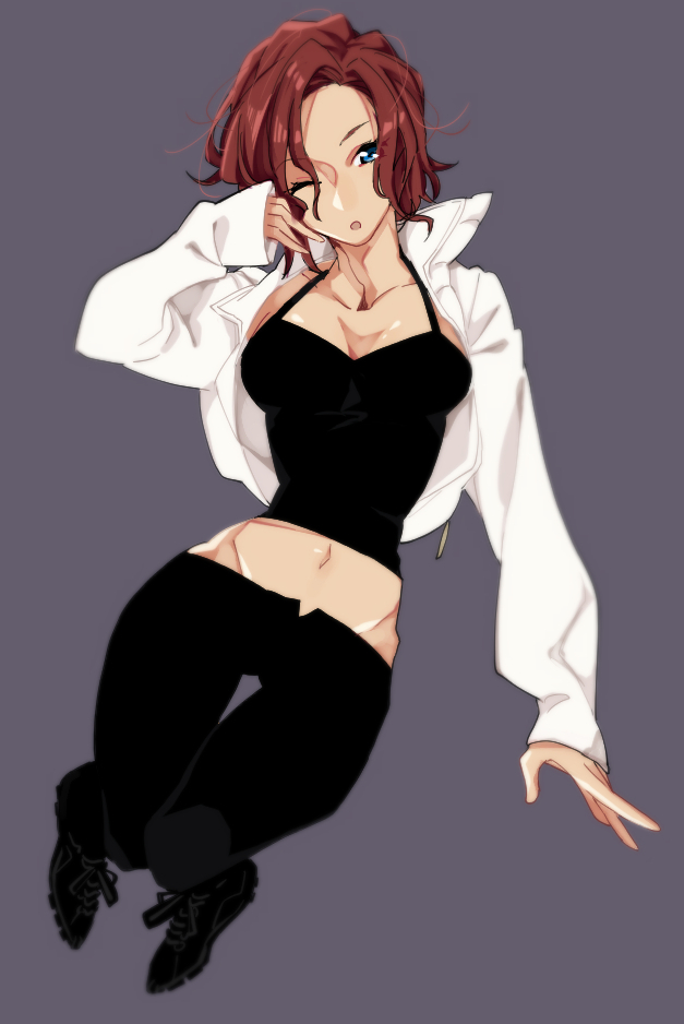 1girl, blue_eyes, breasts, cleavage, con_potata, groin, jacket, mila_babicheva
