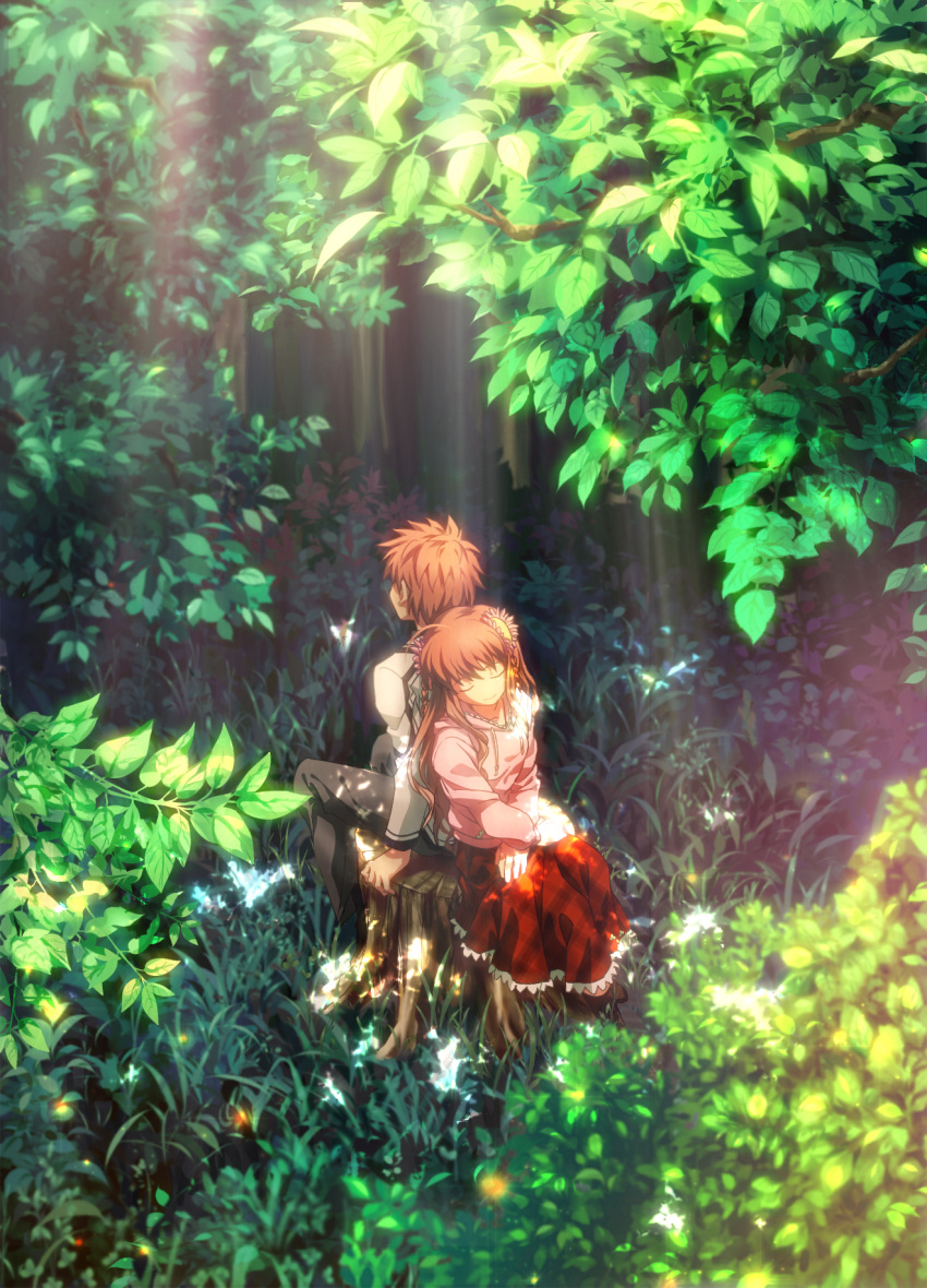 1boy, 1girl, back-to-back, black_pants, brown_hair, closed_eyes, day, flower