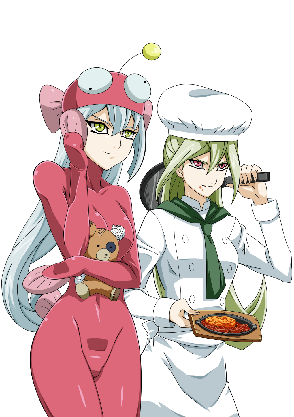 2girls, breasts, cosplay, cowboy_shot, girls_und_panzer, gloria_tyler, grace_tyler, green_eyes