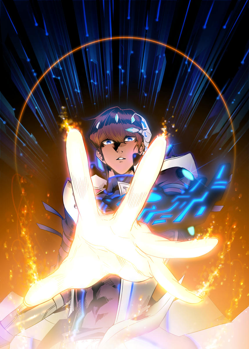 1boy, blue_eyes, brown_hair, hair_between_eyes, highres, kaiba_seto, looking_at_viewer, outstretched_arm