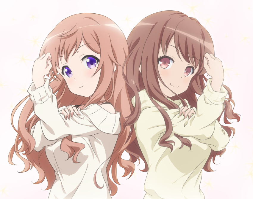 2girls, back-to-back, blue_eyes, brown_hair, eyebrows_visible_through_hair, gochuumon_wa_usagi_desu_ka?, highres, hoto_mocha