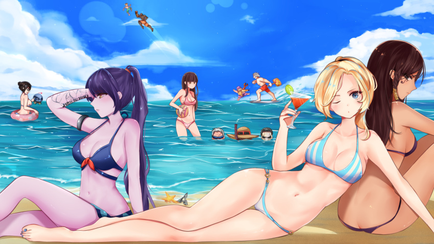 5boys, 5girls, abs, alternate_costume, arm_support, arm_tattoo, armor, ass, ball, beach, beachball, beard, bikini, black_hair, blonde_hair, blue_bikini, blue_eyes, blue_sky, breasts, brown_eyes, brown_hair, butt_crack, chu_(huaha1320), cleavage, clenched_hand, clouds, cloudy_sky, cocktail_glass, collarbone, cote_d'azur_widowmaker, cowboy_hat, cup, cyborg, d.va_(overwatch), dark_skin, dark_skinned_male, day, doomfist_(overwatch), drinking_glass, drone, eye_of_horus, facepaint, facial_hair, facial_mark, front-tie_bikini, front-tie_top, full_body, genji_(overwatch), hair_bun, hair_tie, hair_tubes, hand_in_hair, hat, helmet, high_ponytail, highres, holding_glass, innertube, junkrat_(overwatch), lifeguard_mccree, lime_slice, long_hair, looking_at_viewer, lying, male_swimwear, mask, mccree_(overwatch), mechanical_arm, medium_breasts, mei_(overwatch), mercy_(overwatch), multiple_boys, multiple_girls, muscle, navel, no_headwear, no_wings, nose, on_side, one_eye_closed, outdoors, overwatch, pharah_(overwatch), pink_bikini, ponytail, power_fist, purple_bikini, purple_hair, purple_skin, reaper_(overwatch), reinhardt_(overwatch), robot, short_hair, side_glance, sitting, sky, snorkel, snowball_(overwatch), soldier:_76_(overwatch), striped, sunglasses, swim_trunks, swimming, swimsuit, swimwear, tattoo, thigh_gap, torbjorn_(overwatch), vertical-striped_bikini, vertical_stripes, very_dark_skin, wallpaper, whisker_markings, white_hair, widowmaker_(overwatch), yellow_eyes