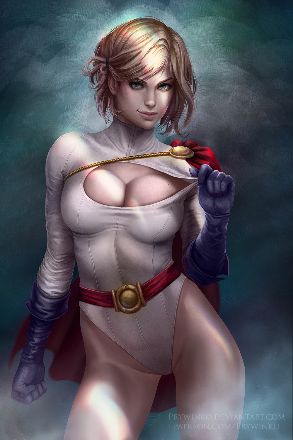1girl, belt, blonde_hair, blue_eyes, breasts, capelet, cleavage, cleavage_cutout