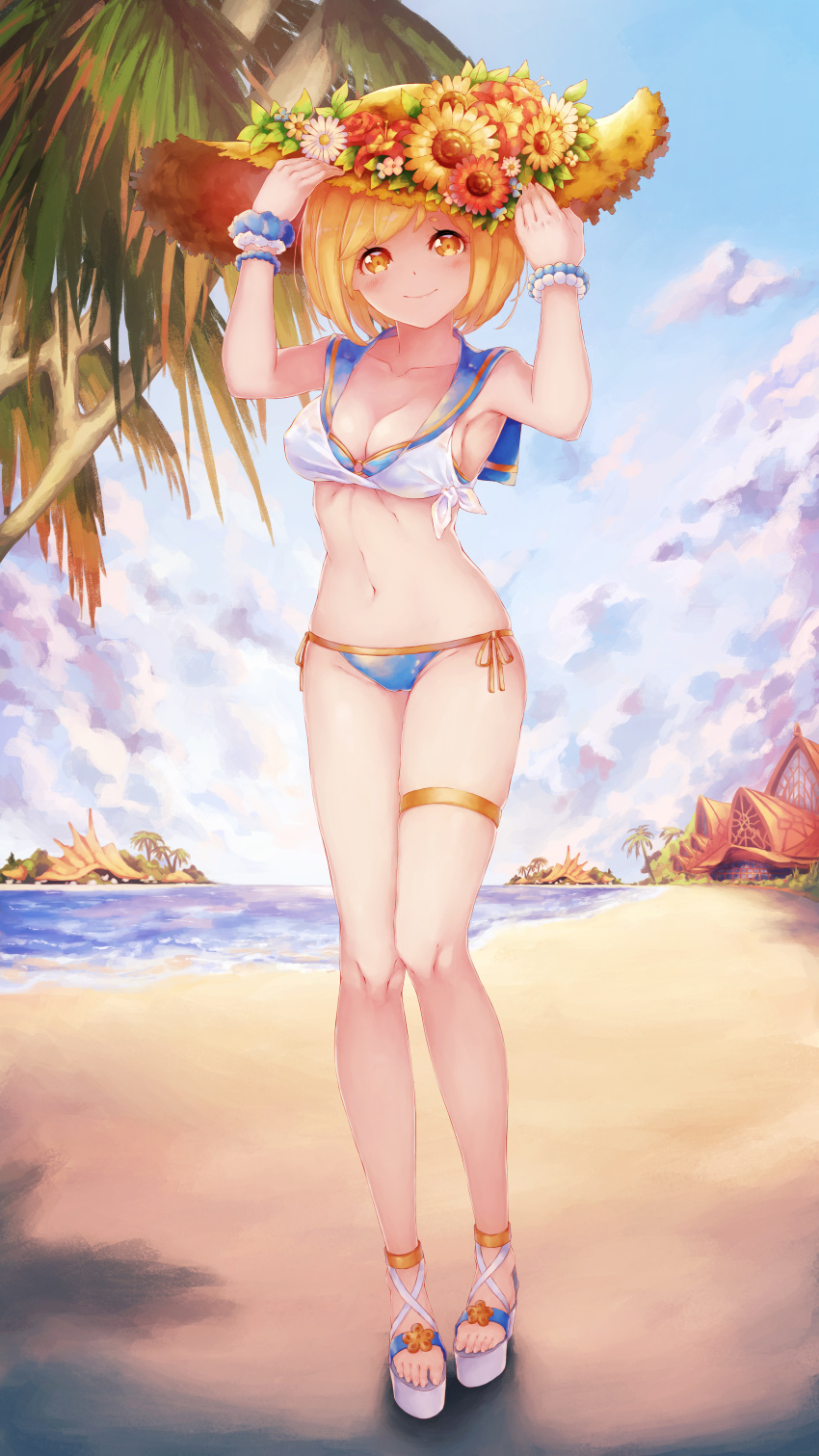 1girl, absurdres, beach, bikini, blonde_hair, blue_bikini, blush, bracelet