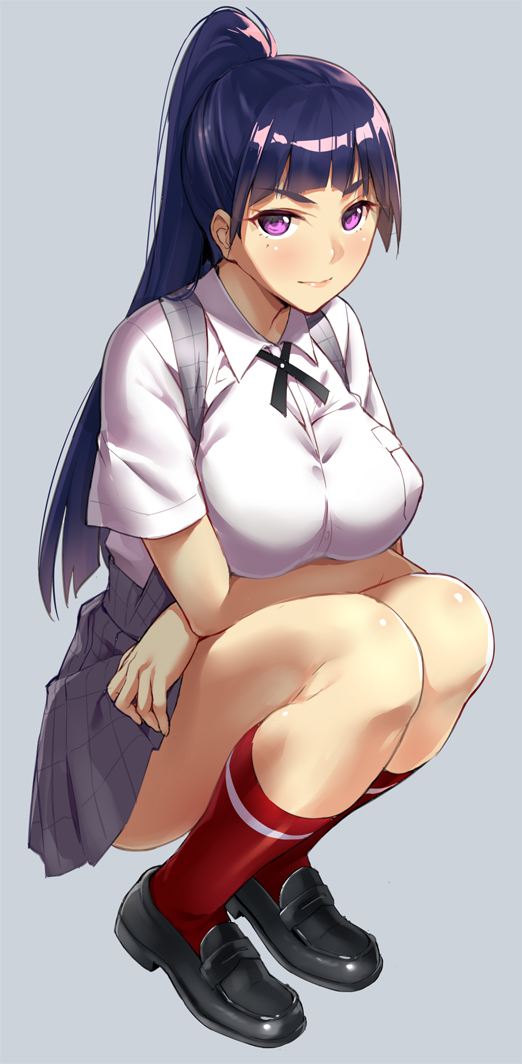 1girl, bangs, black_shoes, blush, breast_pocket, breasts, chikugen_shiina, closed_mouth