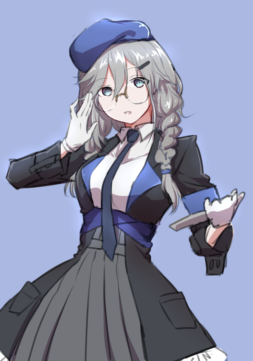 1girl, adjusting_glasses, aqua_eyes, armband, beret, braid, girls_frontline, glasses, gloves, grey_hair, hair_between_eyes, hair_ornament, hairclip, hat, looking_at_viewer, necktie, seele_(girls_frontline), simple_background, skirt, solo, xiu_jiayihuizi