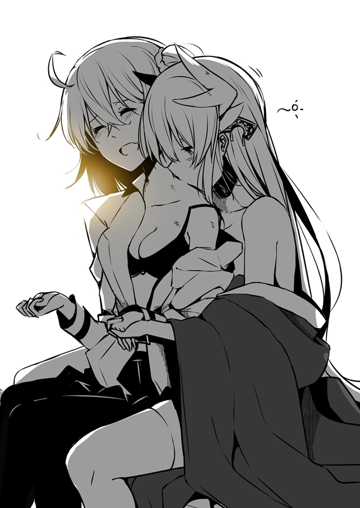 2girls, ahoge, angry_num, blush, bra, breasts, cleavage, closed_eyes