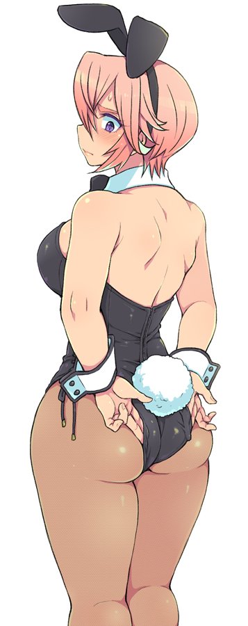 1girl, adjusting_clothes, adjusting_leotard, animal_ears, ass, bare_shoulders, blush, breasts
