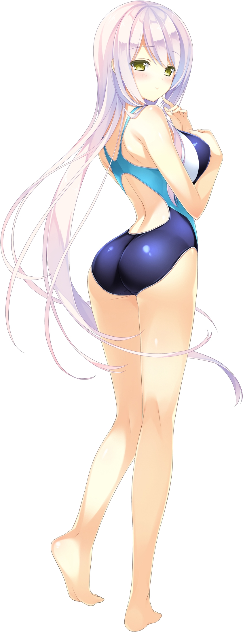 1girl, ashishun, ass, barefoot, blush, competition_swimsuit, female, full_body, green_eyes, highres, kuryuu_mashiro, long_hair, looking_at_viewer, official_art, one-piece_swimsuit, pink_hair, primal_hearts_2, simple_background, smile, solo, swimsuit, white_background
