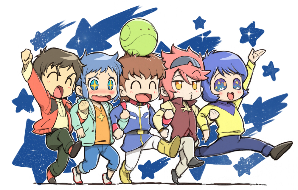 5boys, amuro_ray, blue_hair, brown_hair, graphite_(medium), gundam, gundam_build_fighters, gundam_zz