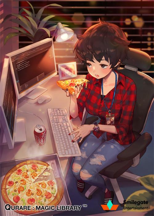 1girl, bell_pepper, black_eyes, black_hair, black_nails, blinds, blue_pants, blurry