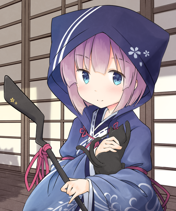 1girl, animal, animal_on_arm, bakeneko, blue_eyes, cloak, day, holding