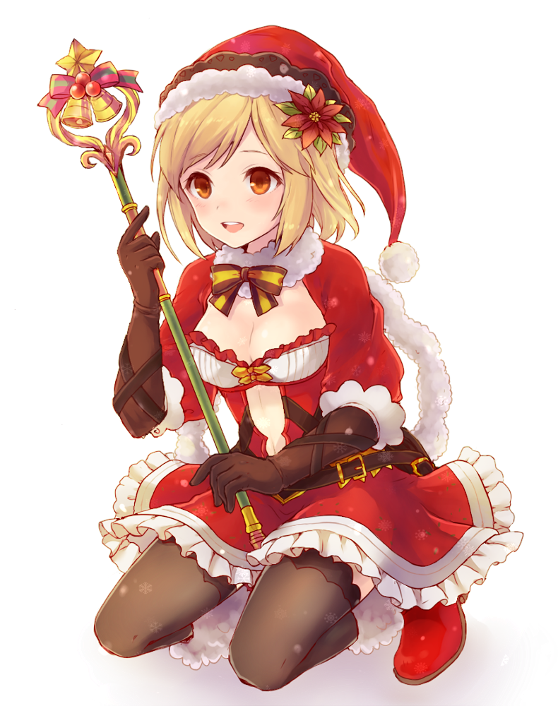 1girl, :d, bell, belt, belt_buckle, black_gloves, black_legwear, blonde_hair