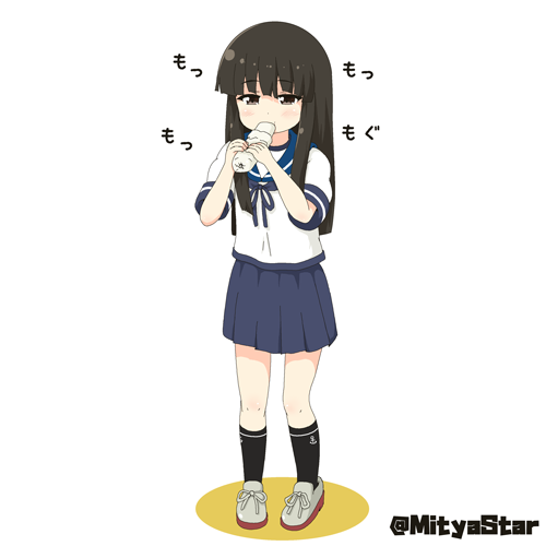 1girl, bangs, black_hair, black_legwear, blue_skirt, blunt_bangs, brown_eyes, collared_shirt, eating, food, hatsuyuki_(kantai_collection), hime_cut, holding, holding_food, kantai_collection, long_hair, lowres, miicha, neckerchief, pleated_skirt, school_uniform, serafuku, shirt, simple_background, skirt, solo, twitter_username, uirou_(food), white_background