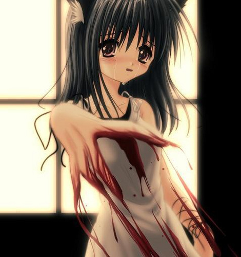 black_hair, blood, blush, brown_eyes, cat_ears, crying, finger_nails, long_hair
