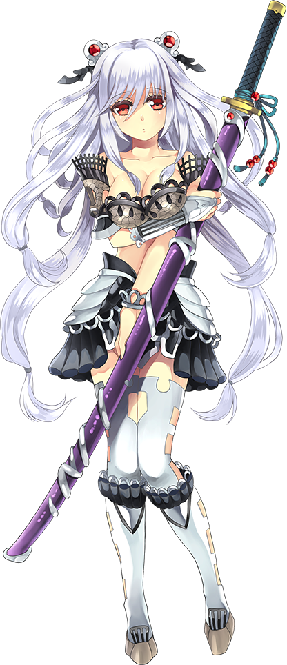 1girl, breasts, cleavage, full_body, hair_ornament, holding, holding_sword, holding_weapon