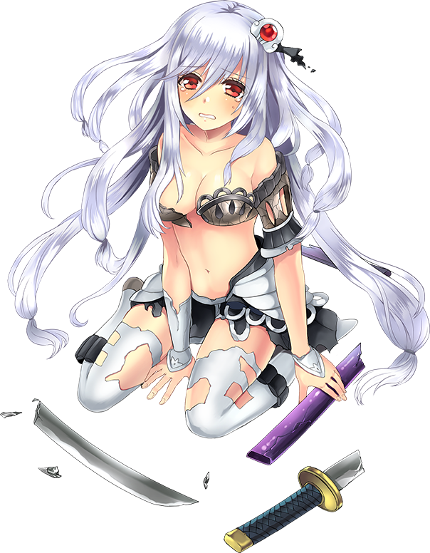 1girl, breasts, broken, broken_sword, broken_weapon, cleavage, full_body, hair_ornament