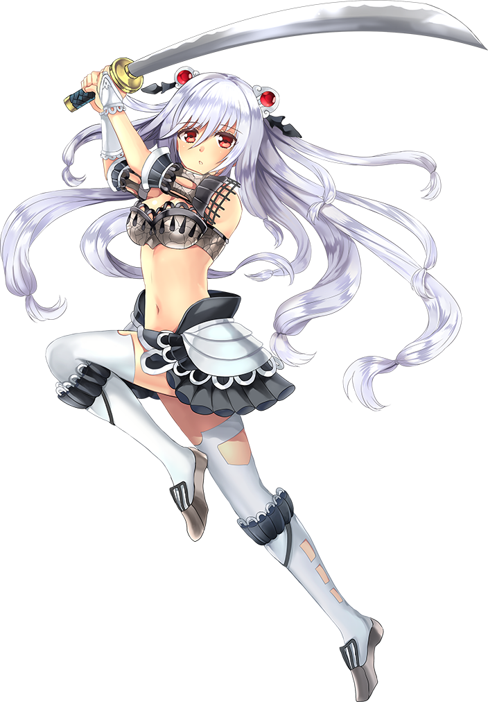 1girl, breasts, cleavage, full_body, hair_ornament, holding, holding_sword, holding_weapon