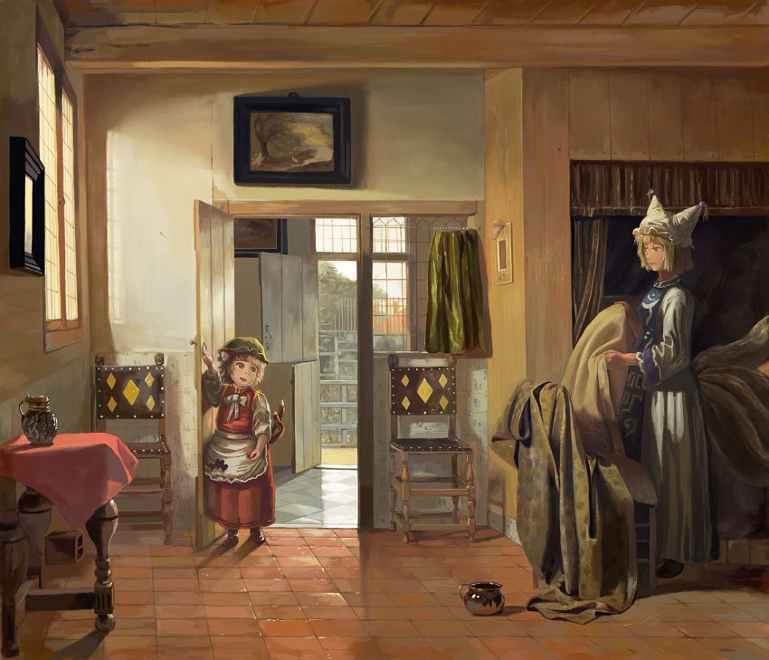 2girls, adapted_costume, amibazh, animal_ears, apron, bed_sheet, blonde_hair, brick_floor, brown_eyes, brown_hair, cat_ears, cat_tail, chair, chamber_pot, chen, cinder_block, commentary_request, curtains, day, dress, expressionless, fence, fine_art_parody, fox_tail, full_body, hat, hat_with_ears, head_tilt, highres, indoors, looking_at_another, mob_cap, multiple_girls, multiple_tails, open_door, painting_(object), parody, short_hair, short_sleeves, standing, tabard, table, tablecloth, tail, tassel, touhou, waist_apron, white_dress, window, wooden_door, wooden_fence, yakumo_ran