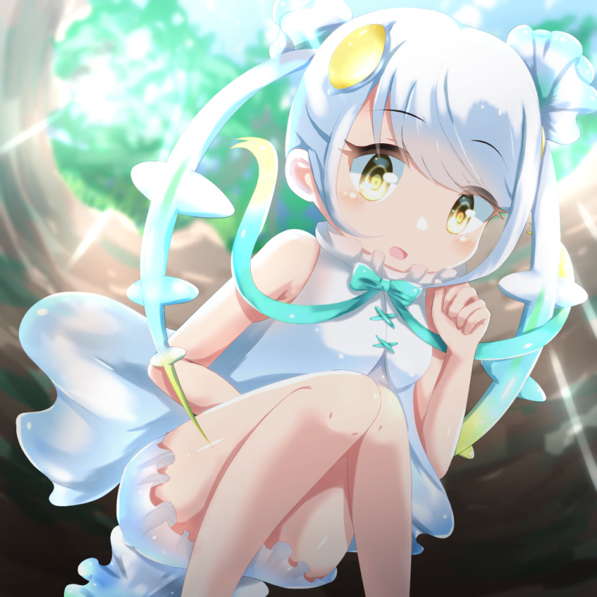 1girl, bare_shoulders, blonde_hair, blue_hair, blush, bow, bowtie, hair_ornament