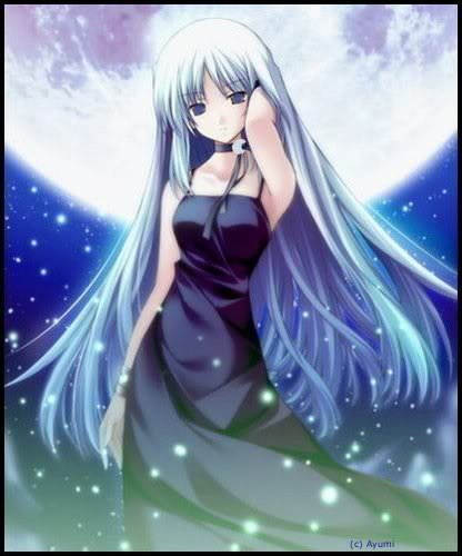blue_eyes, blue_hair, choker, gown, long_hair, moon, nighttime