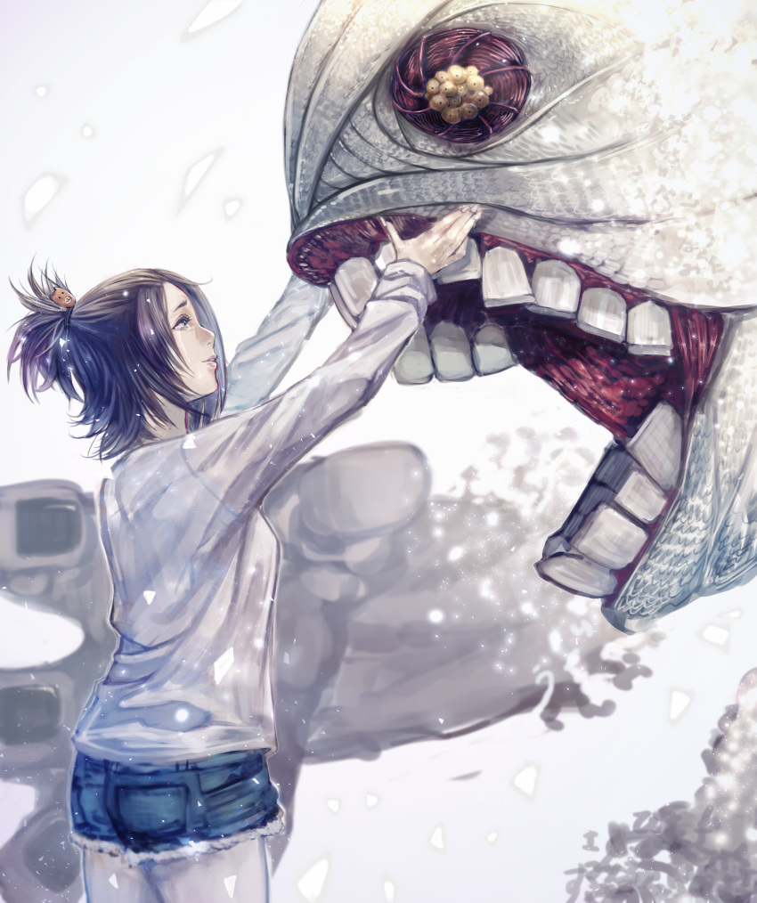 1girl, black_hair, blue_eyes, character_request, commentary_request, crying, crying_with_eyes_open, denim