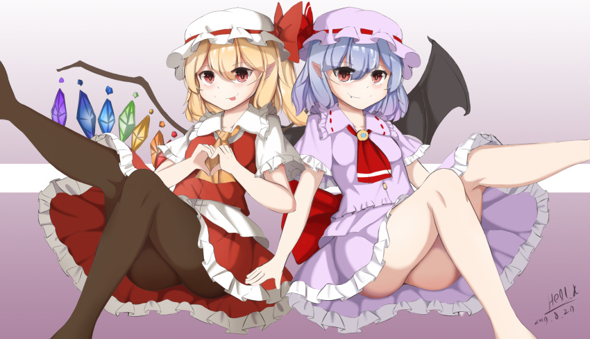 2girls, :p, artist_name, bare_legs, bat_wings, blonde_hair, blue_hair, brooch