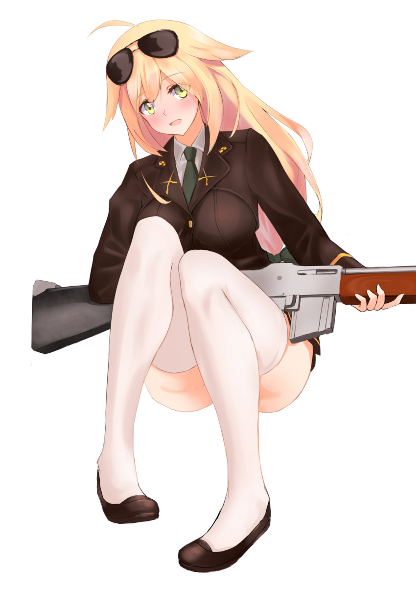 1girl, absurdres, ahoge, ass, aviator_sunglasses, blonde_hair, blush, convenient_leg