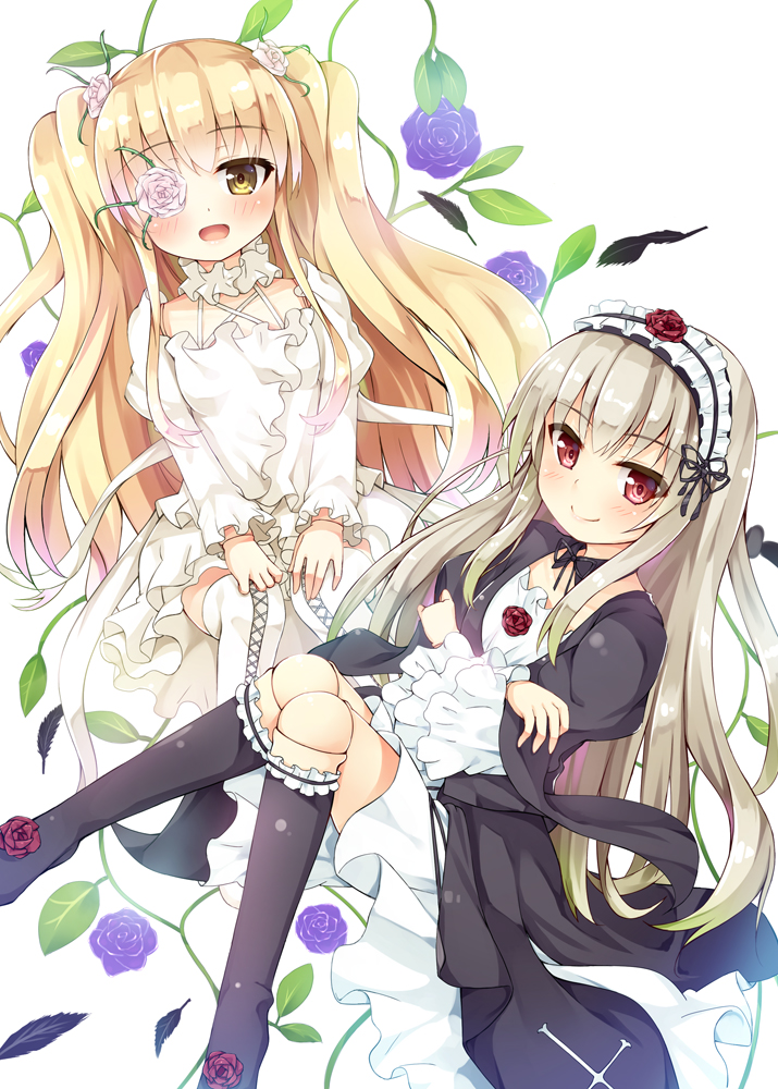 2girls, :d, alternate_hair_color, asa_(swallowtail), black_boots, black_feathers, blonde_hair, blush