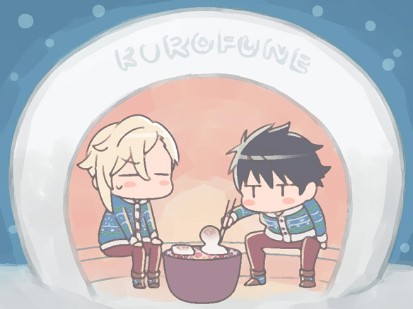 2boys, =_=, alternate_costume, black_hair, blonde_hair, blush_stickers, chopsticks, dorifesu!