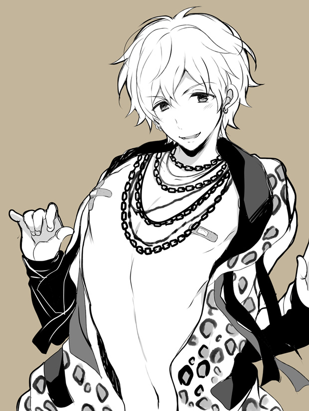 1boy, alternate_costume, animal_print, bandaid, bandaids_on_nipples, blush, brown_background, chains