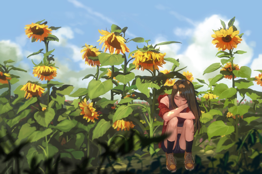 1girl, arm_rest, black_legwear, blue_sky, brown_hair, closed_eyes, clouds, cross-laced_footwear