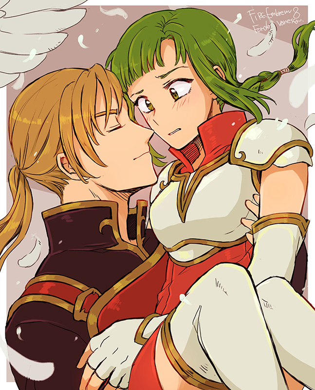 1boy, 1girl, armor, blonde_hair, blouse, blush, breastplate, breasts, carrying, character_name, closed_eyes, copyright_name, couple, dutch_angle, elbow_gloves, face-to-face, feathers, fingerless_gloves, fire_emblem, fire_emblem:_seima_no_kouseki, forde, gloves, green_eyes, green_hair, hetero, noshima, ponytail, princess_carry, shirt, short_hair, small_breasts, thigh-highs, vanessa_(fire_emblem), white_gloves, white_legwear
