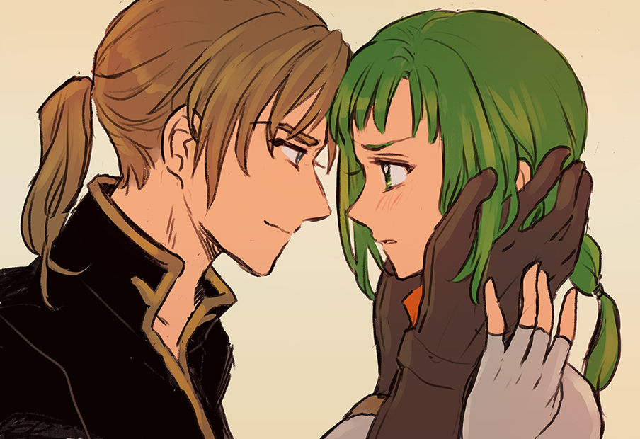 1boy, 1girl, blonde_hair, blue_eyes, blush, brown_gloves, couple, face-to-face, fingerless_gloves, fire_emblem, fire_emblem:_seima_no_kouseki, forde, forehead-to-forehead, gloves, green_eyes, green_hair, hand_on_another's_face, hetero, noshima, open_mouth, ponytail, portrait, profile, shirt, short_hair, smile, vanessa_(fire_emblem), white_gloves