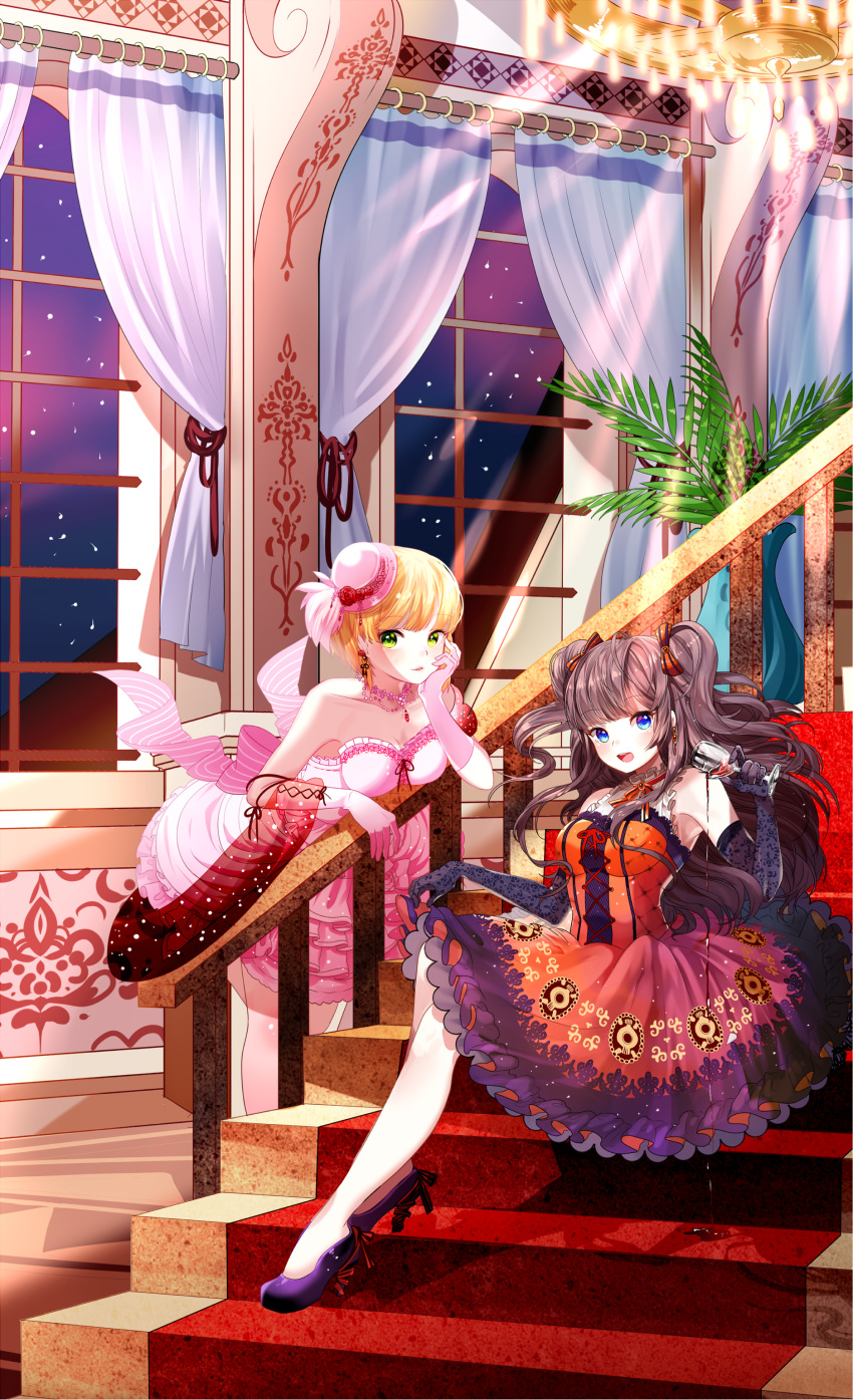 2girls, :d, absurdres, alcohol, bangs, bare_shoulders, black_gloves, blonde_hair
