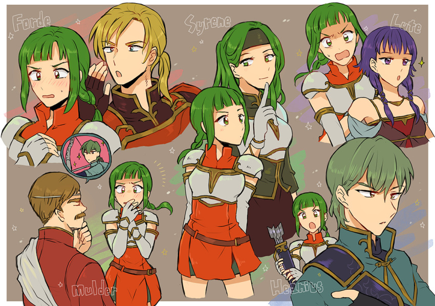 3boys, 3girls, armor, arrow, bare_shoulders, blonde_hair, blouse, blush, bracer, breastplate, breasts, brown_hair, capelet, character_name, closed_eyes, dress, elbow_gloves, facial_hair, fingerless_gloves, fire_emblem, fire_emblem:_seima_no_kouseki, flat_chest, forde, gloves, green_eyes, green_hair, hand_on_own_chest, hand_to_own_mouth, headband, index_finger_raised, innes, long_hair, lute_(fire_emblem), moulder, multiple_boys, multiple_girls, multiple_views, mustache, noshima, open_mouth, ponytail, purple_hair, quiver, robe, short_hair, siblings, sidelocks, sisters, sleeveless, sleeveless_dress, small_breasts, sparkle, spoken_person, sweatdrop, syrene, vanessa_(fire_emblem), violet_eyes, wavy_mouth, white_gloves