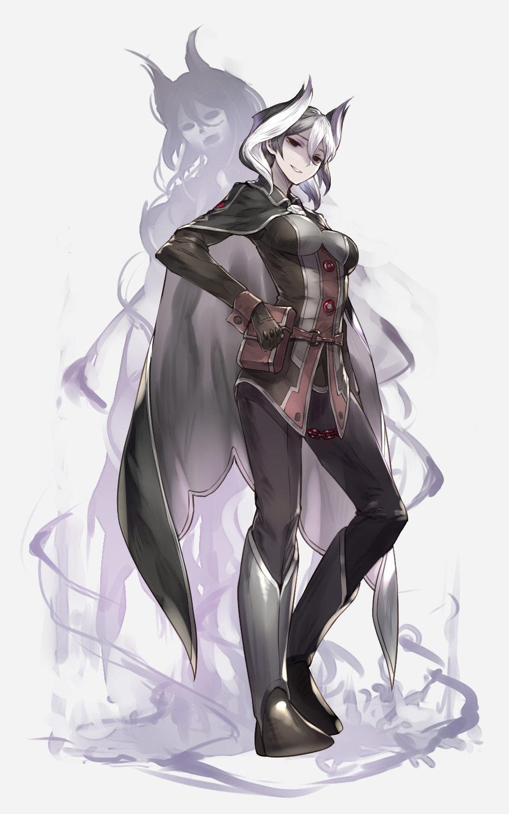 1girl, black_cape, black_eyes, black_gloves, black_hair, black_pants, boots, breasts, cape, commentary_request, eyebrows_visible_through_hair, full_body, gloves, hair_between_eyes, head_tilt, highres, kakage, large_breasts, long_sleeves, made_in_abyss, multicolored_hair, ozen, pants, parted_lips, shirt, silhouette_demon, smile, solo, standing, two-tone_hair, white_hair