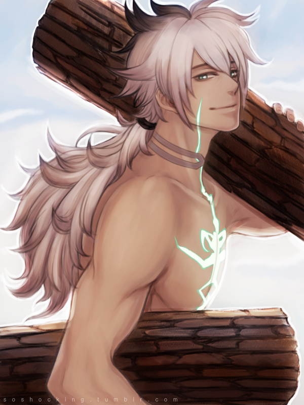 1boy, dark_skin, fate/apocrypha, fate_(series), green_eyes, kukimoki, long_hair, looking_at_viewer, male_focus, platinum_blonde, saber_of_black, simple_background, smile, solo, white_hair