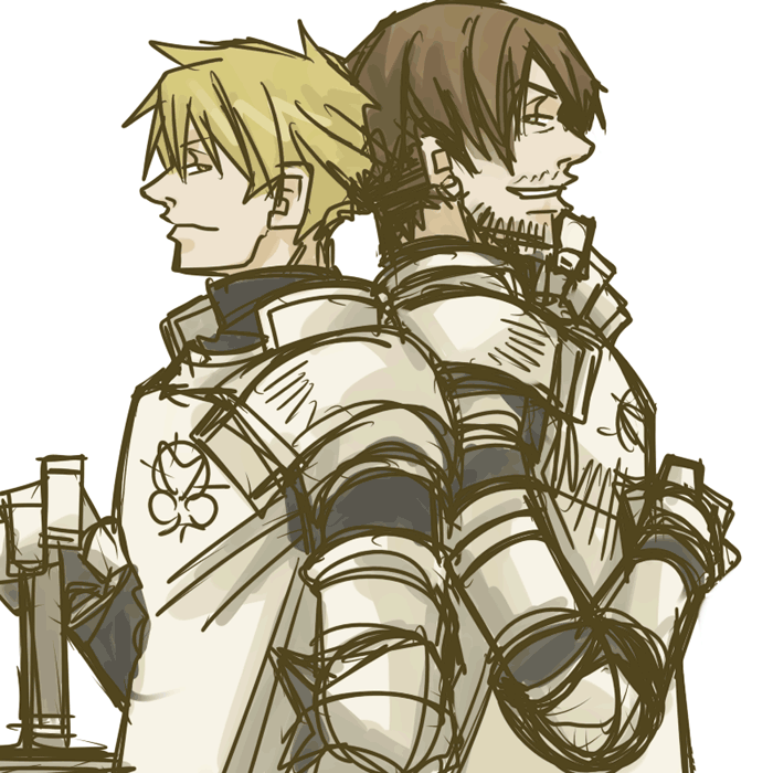 back-to-back, back_to_back, gildas_byrne, guildus_winzalf_burn, knight, medieval, mildain_walhorn, mirdyn_walhorn, sagas, tactics_ogre