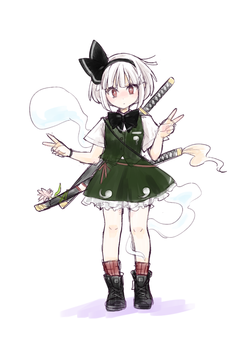1girl, bangs, blunt_bangs, blush, bow, bowtie, double_v, flower, frilled, hair_bow, katana, konpaku_youmu, konpaku_youmu_(ghost), liricolilium, looking_at_viewer, red_eyes, sheath, sheathed, short_hair, short_sleeves, shoulder_strap, simple_background, skirt, solo, sword, touhou, v, vest, weapon, white_hair