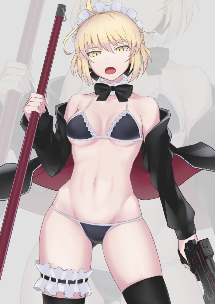1girl, ahoge, artoria_pendragon_(swimsuit_rider_alter)_(fate), bangs, bikini, black_bikini, black_legwear, blonde_hair