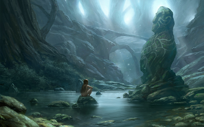 1girl, breasts, brown_hair, fantasy, from_behind, grass, long_hair, marktal, medium_breasts, nude, original, outdoors, river, rock, scenery, sitting, solo, statue, tree, water