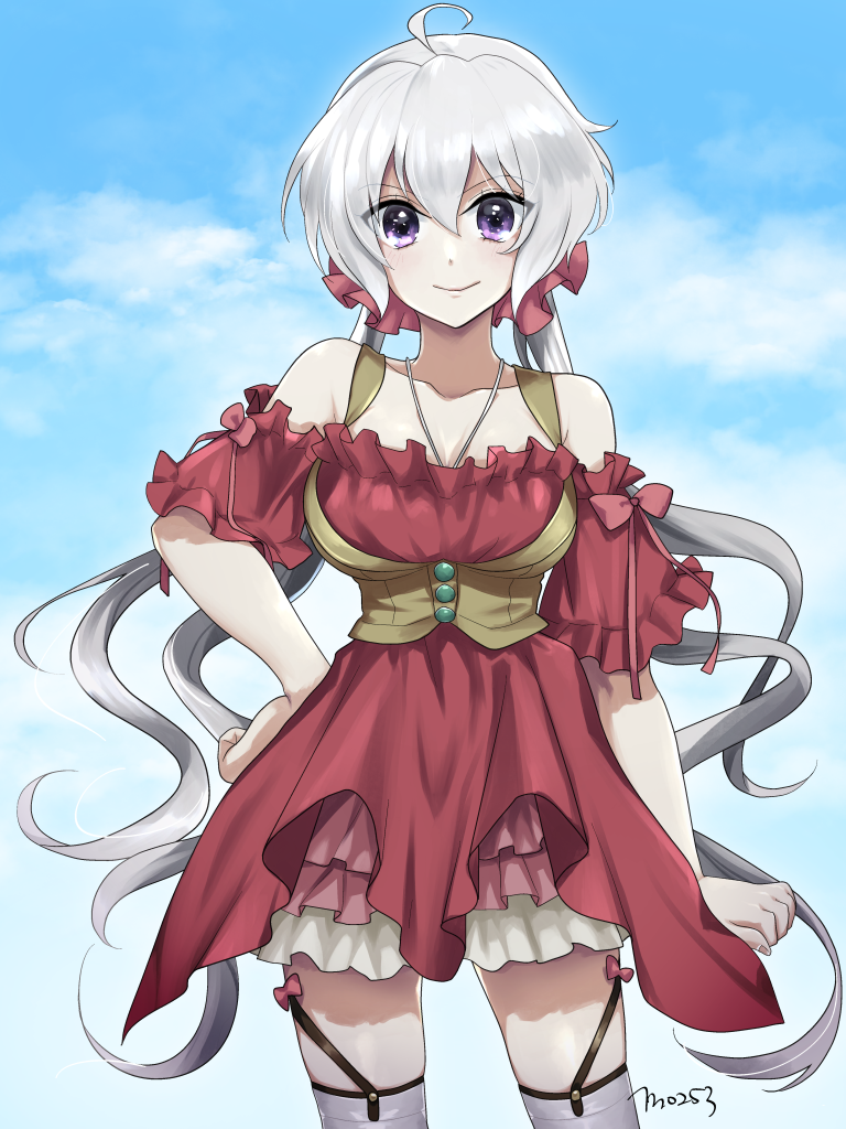 1girl, ahoge, bare_shoulders, clouds, cowboy_shot, dress, garter_straps, hair_between_eyes, jewelry, long_hair, looking_at_viewer, mo253, necklace, red_dress, senki_zesshou_symphogear, silver_hair, smile, solo, thigh-highs, twintails, very_long_hair, violet_eyes, yukine_chris