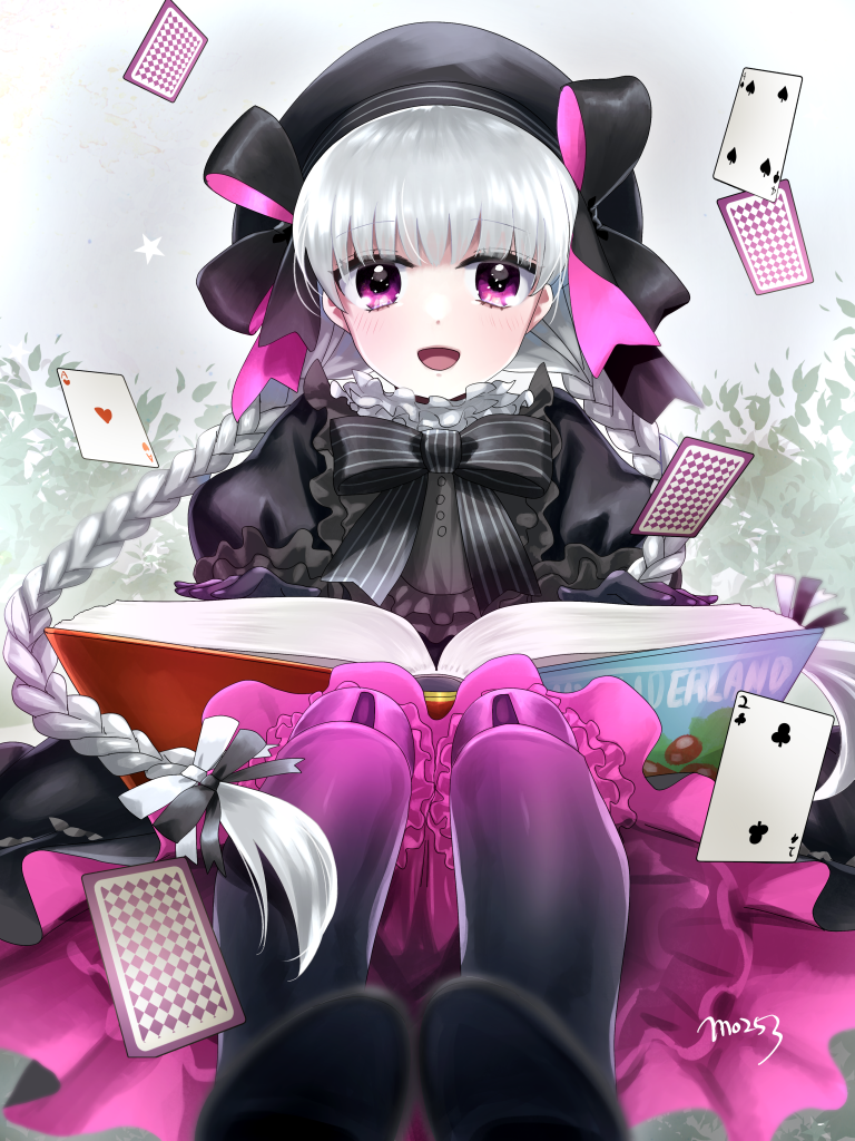 1girl, :d, alice_in_wonderland, artist_name, black_dress, blush, book, bow, braid, card, dress, fate/extra, fate/grand_order, fate_(series), hair_bow, long_hair, looking_at_viewer, mo253, nursery_rhyme_(fate/extra), open_mouth, playing_card, silver_hair, smile, star, twin_braids, violet_eyes