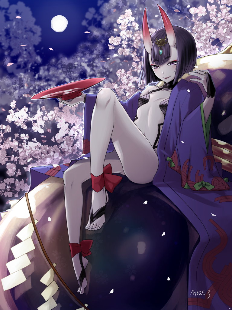 1girl, alcohol, ankle_ribbon, artist_name, barefoot_sandals, breasts, cherry_blossoms, cup