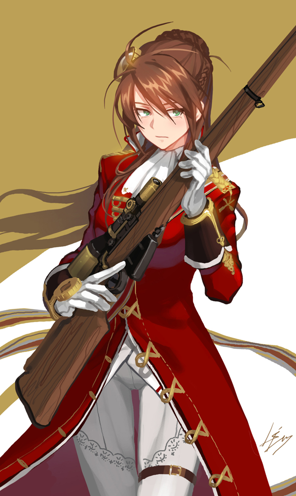 1girl, braid, brown_hair, girls_frontline, gloves, green_eyes, gun, kws