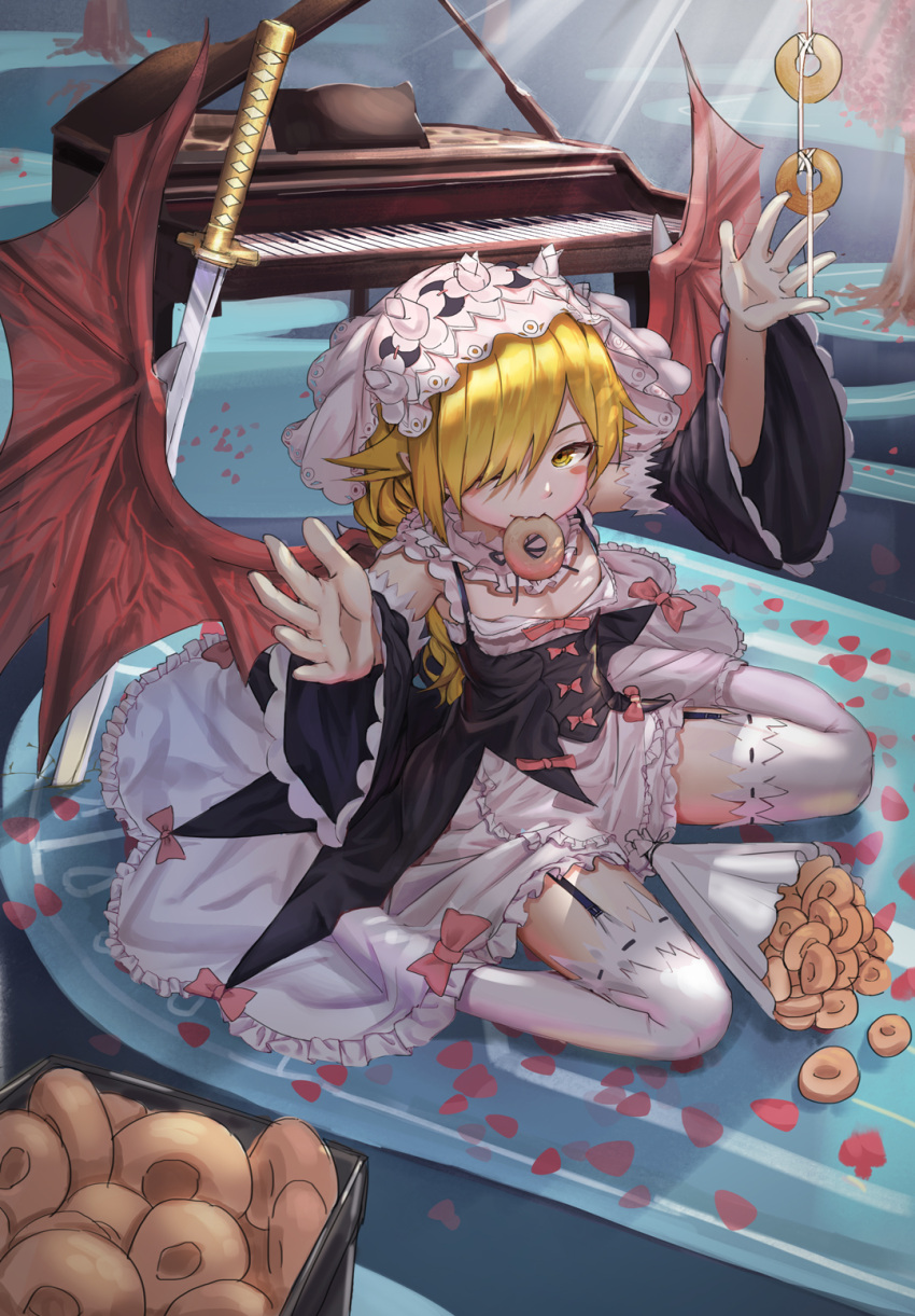 1girl, alternate_hairstyle, arms_up, blonde_hair, blush_stickers, bow, bu_leike, cleavage_cutout, cosplay, demon_wings, doughnut, doughnut_box, flat_chest, food, garter_belt, hair_over_one_eye, highres, instrument, katana, long_hair, looking_to_the_side, maid, maid_headdress, monogatari_(series), mouth_hold, oshino_shinobu, petals, piano, pink_bow, ram_(re:zero), ram_(re:zero)_(cosplay), re:zero_kara_hajimeru_isekai_seikatsu, sitting, sketch, solo, sunlight, sword, thigh-highs, tree, wariza, weapon, white_legwear, wide_sleeves, wings, yellow_eyes