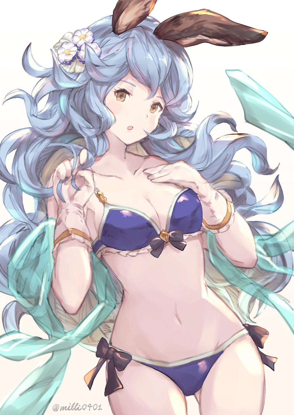 1girl, :o, animal_ears, bikini, black_bow, blue_bikini, blue_hair, blush, bow, breasts, cleavage, erun_(granblue_fantasy), ferry_(granblue_fantasy), flower, gloves, gradient, gradient_background, granblue_fantasy, hair_flower, hair_ornament, highres, long_hair, looking_at_viewer, medium_breasts, milli0401, navel, sketch, solo, standing, swimsuit, twitter_username, white_gloves, yellow_eyes