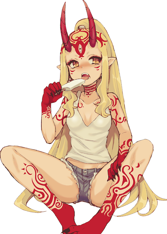 1girl, blonde_hair, breasts, cutoffs, denim, denim_shorts, fangs, fate/grand_order